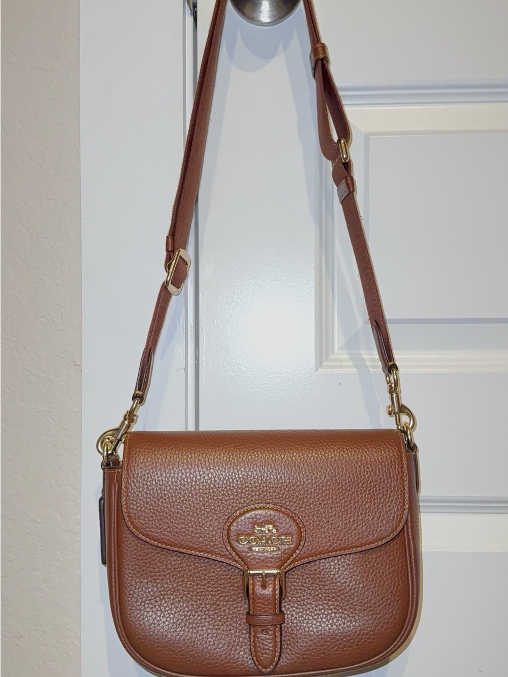 Coach Brown Pebbled Leather Saddle Crossbody with Gold Hardware